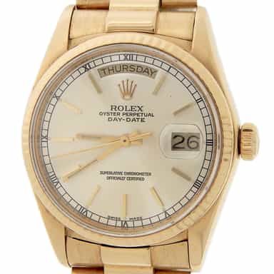 Mens Rolex 18K Gold 18038 Day-Date President Silver Dial (SKU 9587562AMT)