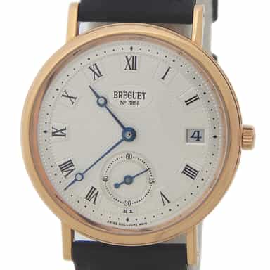 Mens 18k Yellow Gold Breguet Classique Silver Guilloche Dial Black Leather Strap (SKU 59203898AKAMT)