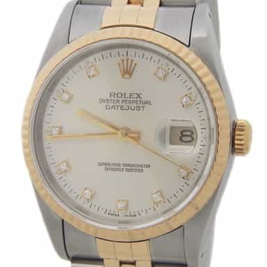 Mens Rolex Two-Tone Datejust Factory Silver Diamond Dial 16233 (SKU X421486AMT)