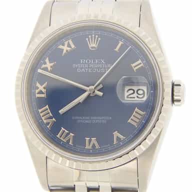 Mens Rolex Stainless Steel Datejust Watch Blue Roman Dial 16220 (SKU 16220FPAMT)