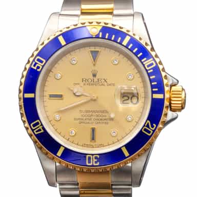 Two-Tone Rolex Submariner 16613 Watch w/ Gold Diamond Blue Sapphire Serti Dial (SKU 16613DDFPAMT)