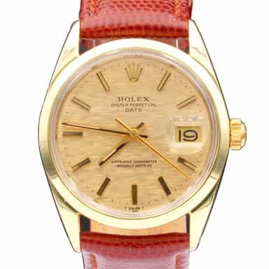 Vintage Mens Rolex 14K Gold Shell Date Watch Ref. 1550 with Gold Mosaic Dial (SKU 3388677AMT)