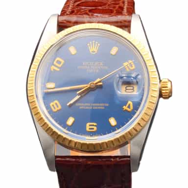 Mens Rolex Two-Tone 18K/SS Date Watch Blue Arabic Dial Brown Leather 15053 (SKU R270701BRAMT)