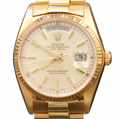 Pre-Owned Mens Rolex 18K Gold Day-Date Watch Silver Dial 18038 (SKU 5910006AMT)