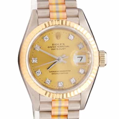 Ladies Rolex 18K Tridor Datejust President Watch Gold Champagne Diamond Dial 69179B (SKU 69179BFPAMT)