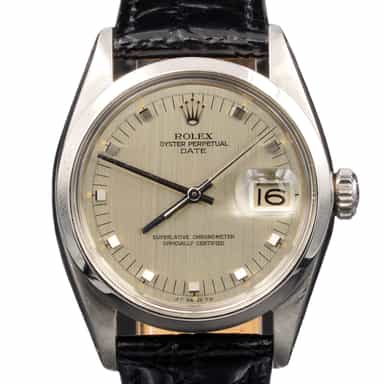 Mens Rolex Stainless Steel Date Watch with Silver Dial Black Leather Band 1500 (SKU 1227947BLAMT)