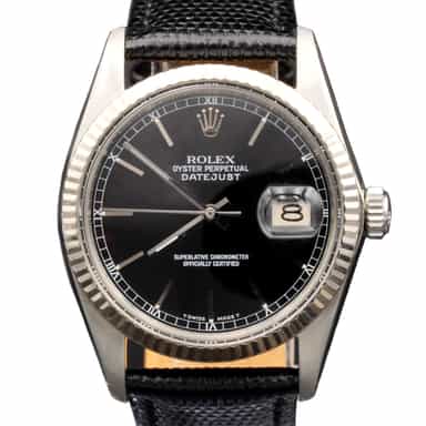 Mens Rolex Stainless Steel Datejust 16014 Watch Black Dial Black Leather (SKU R355653BLAMT)