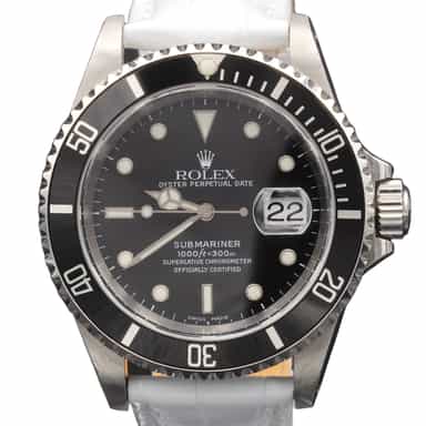 Mens Rolex Stainless Steel Submariner Watch Black Dial White Band 16610 (SKU A795348WAMT)