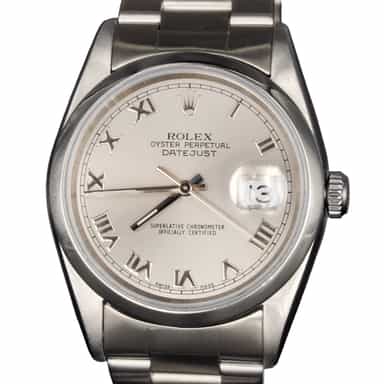Mens Rolex Stainless Steel Datejust Watch Silver Roman Dial 16200 (SKU A418451AMT)