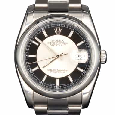 Mens Rolex Stainless Steel Datejust Watch Black Silver Tuxedo Dial 116200 (SKU A084703AMT)