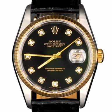 Mens Rolex Two-Tone Datejust Watch Factory Black Diamond Dial 16233 (SKU T119475BLAMT)