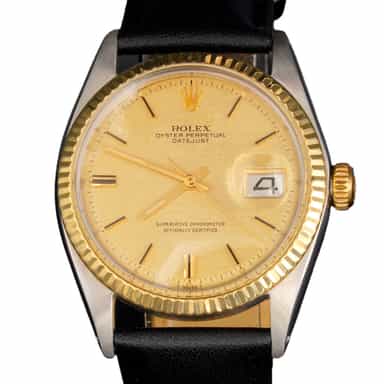Mens Rolex Two-Tone Datejust 1601 Gold Champagne Dial Watch with Black Strap (SKU 3170657BLAMT)