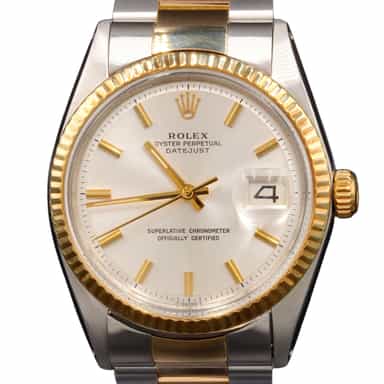 Mens Rolex Two-Tone Yellow Gold/ Stainless Steel Datejust Watch Silver Dial 1601 (SKU 1601FPOAMT)
