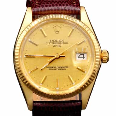 Mens Rolex 14K Yellow Gold Date Watch Gold Linen Dial 1500 (SKU 3598759BRLAMT)