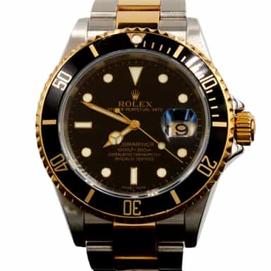 Mens Rolex Two-Tone Submariner 16613T Watch with Black Dial & Bezel - Mid 2000s (SKU F635719AMT)