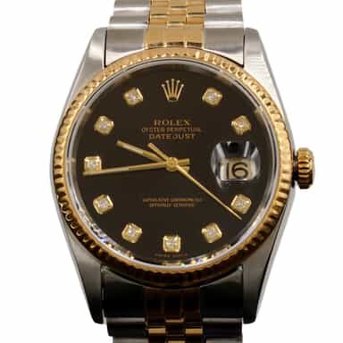 Mens Rolex Two-Tone Datejust Watch Ref. 16233 with Black Factory Diamond Dial (SKU P720219DAMT)
