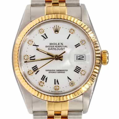 Mens Rolex Two-Tone 18K/SS Datejust Watch White Diamond Roman Dial 16013 (SKU R511519DAMT)