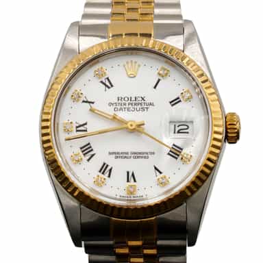 Mens Rolex Two-Tone 18K/SS Datejust Watch White Diamond Roman Dial 16013 (SKU R511519DAMT)