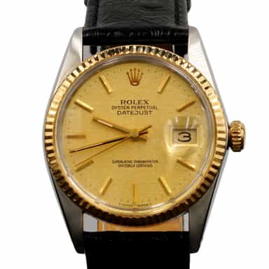 Mens Rolex Two-Tone 18K/SS Datejust Watch with Gold Linen Dial 16013 (SKU 7198626BLAMT)