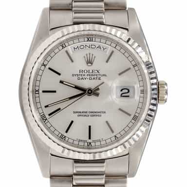 Mens Rolex 18K Gold Day-Date Watch President Silver Dial 18239 (SKU W843116AMT)