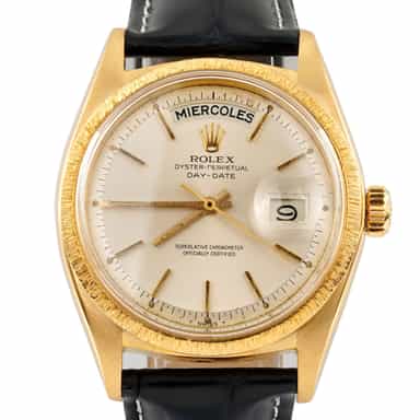 Mens Rolex 18K Gold Day Date Watch Bark Bezel with Silver Dial 1807 (SKU 1589119AMT)