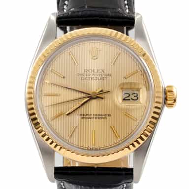 Mens Rolex Two-Tone 18K/SS Datejust Watch Gold Champagne Tapestry Dial 16013 (SKU 9374825AMT)