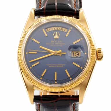 Mens Rolex 18K Yellow Gold Day-Date Bark Bezel Watch with Blue Dial 1807 (SKU 2345181AMT)