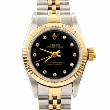 Ladies Rolex Two-Tone 18K/SS Oyster Perpetual Watch Black Diamond Dial 67193 (SKU 9835735AMT)