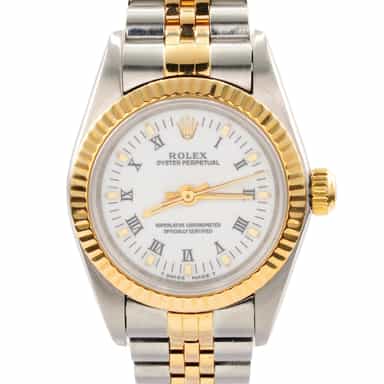 Pre Owned Ladies Rolex 2Tone Oyster Perpetual Watch White Roman Dial 76193 (SKU P800671AMT)
