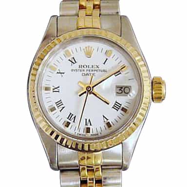 Ladies Rolex Two-Tone 18K/SS Date Watch 69173 Quickset with Rolex Jubilee Band and White Roman Dial (SKU 8839018MT)