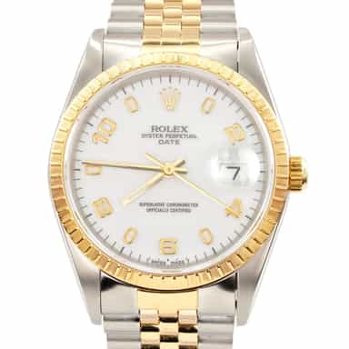 Mens Rolex Two-Tone 18K/SS Date Watch White Arabic Dial 15223 (SKU S857803AMT)