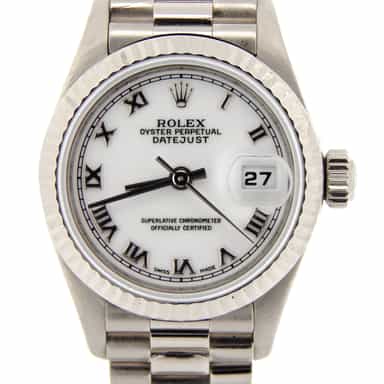 Ladies Rolex 18K White Gold Datejust President Watch 69179 with White Roman Dial (SKU A158775NMT)