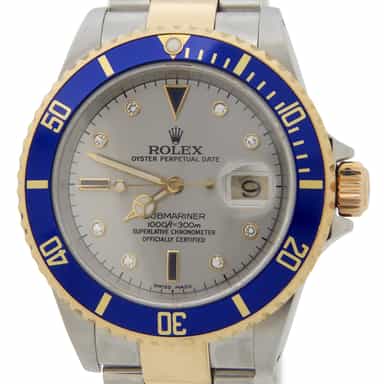 Mens Rolex Two-Tone Submariner Watch 16613 Silver Factory Serti Diamond Dial (SKU Y772434AMT)