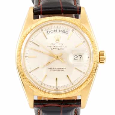 Mens Rolex 18K Gold Day Date Watch Bark Bezel with Spanish Date-Wheel Silver Dial 1807 (SKU 1589119BRAMT)