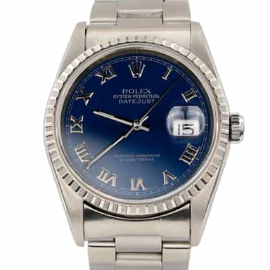Mens Rolex Stainless Steel Datejust Watch Blue Roman Dial 16220 (SKU B16220FPAMT)