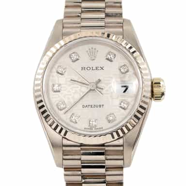 Ladies Rolex 18K White Gold Datejust President Watch 69179 Anniversary Diamond Dial (SKU W009304AMT)