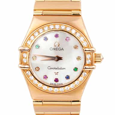 Ladies OMEGA Constellation Iris 18K Gold Diamond Watch White MOP Rainbow (SKU 11607900AMT)