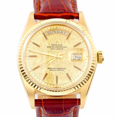 Mens Rolex 18K Yellow Gold Day-Date Watch with Gold Linen Dial 1803 (SKU 3130198AMT)
