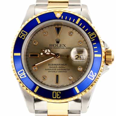 Mens Rolex Two-Tone Submariner Watch 16613 Slate Factory Serti Diamond Dial (SKU N415832AMT)