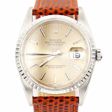 Mens Rolex Stainless Steel Datejust 16220 Watch with Silver Tapestry Dial (SKU T212292AMT)