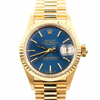 Ladies Rolex 18K Yellow Gold Datejust President 69178 Watch Blue Dial (SKU L988920AMT)