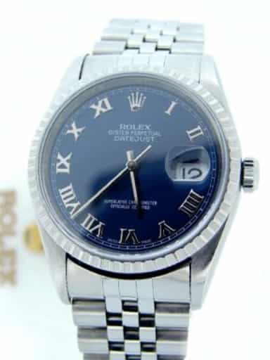 Mens Rolex Stainless Steel Datejust Watch Blue Roman 16220 (SKU BDJ2104DMT)