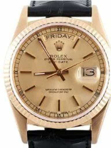 Mens Rolex 18K Gold Day-Date Watch with Gold Champagne Dial 18038 (SKU 18038leatherMT)