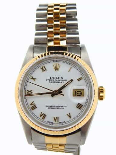 Mens Rolex Two-Tone 18K/SS Datejust White Roman 16233 (SKU X326855NBCMT)