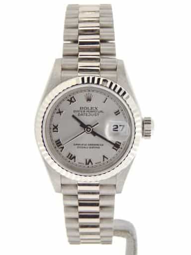 Ladies Rolex 18K White Gold Datejust President Watch 69179 with Silver Roman Dial (SKU A811688NMT)