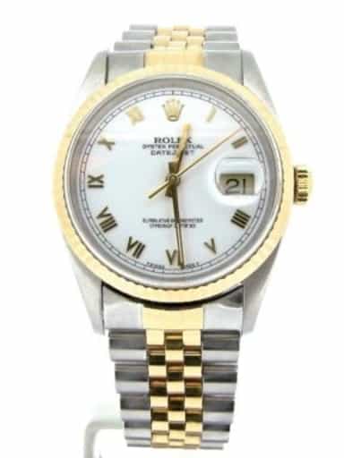 Mens Rolex Two-Tone 18K/SS Datejust White Roman 16233 (SKU T592568ABCMT)