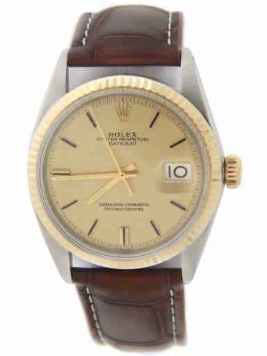 Mens Rolex Two-Tone Datejust 1601 Watch with Gold Linen Dial (SKU 910077AMT)