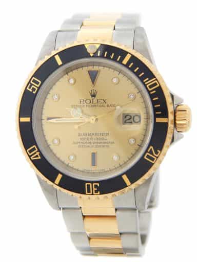 Mens Rolex Two-Tone Submariner Watch 16613 Champagne Serti Diamond Dial (SKU A402455AMT)