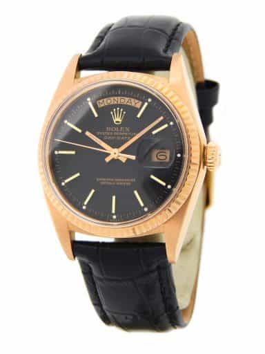 Vintage Mens Rolex 18K Rose Gold Day-Date Watch 1803 with Black Dial (SKU 1803304RBLAMT)