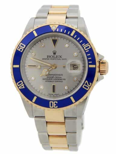 Mens Rolex Two-Tone Submariner Watch 16613 Silver Factory Serti Diamond Dial (SKU Y772434AMT)